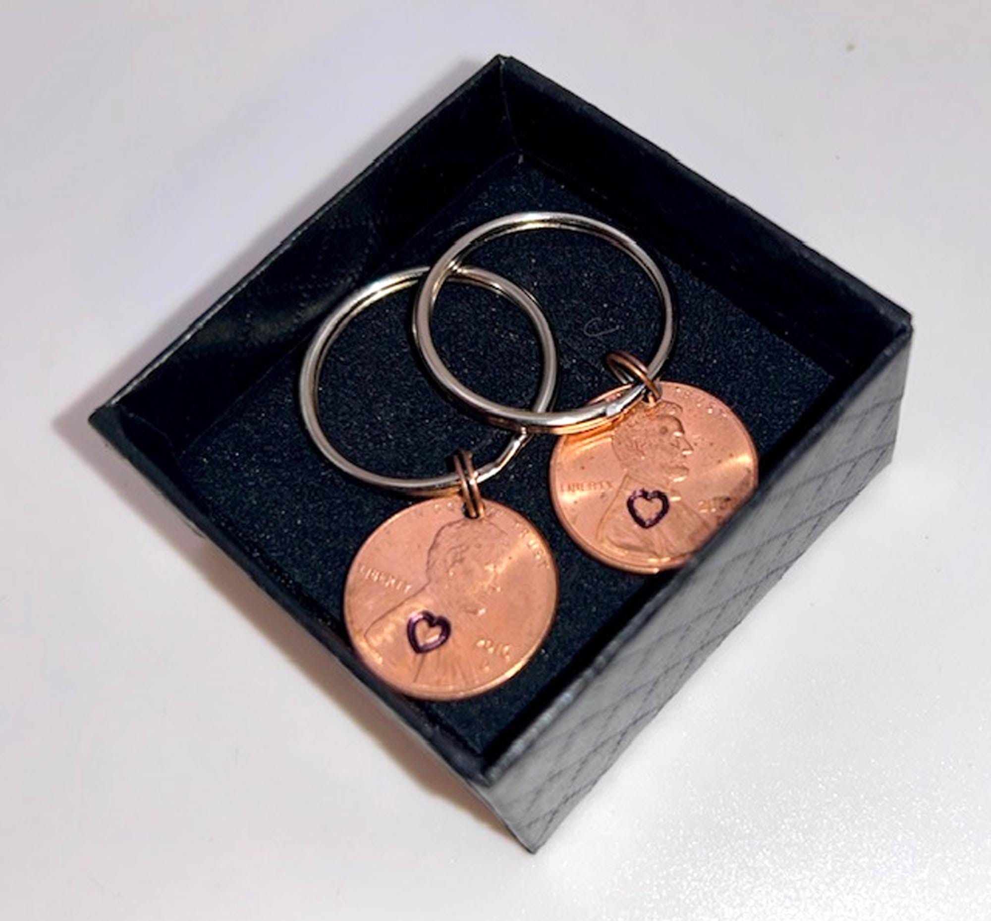 Penny Love Hearts Keychain - 7th - Copper Anniversary Gift, Stamped Penny, Set of 2, FREE GIFT BOX