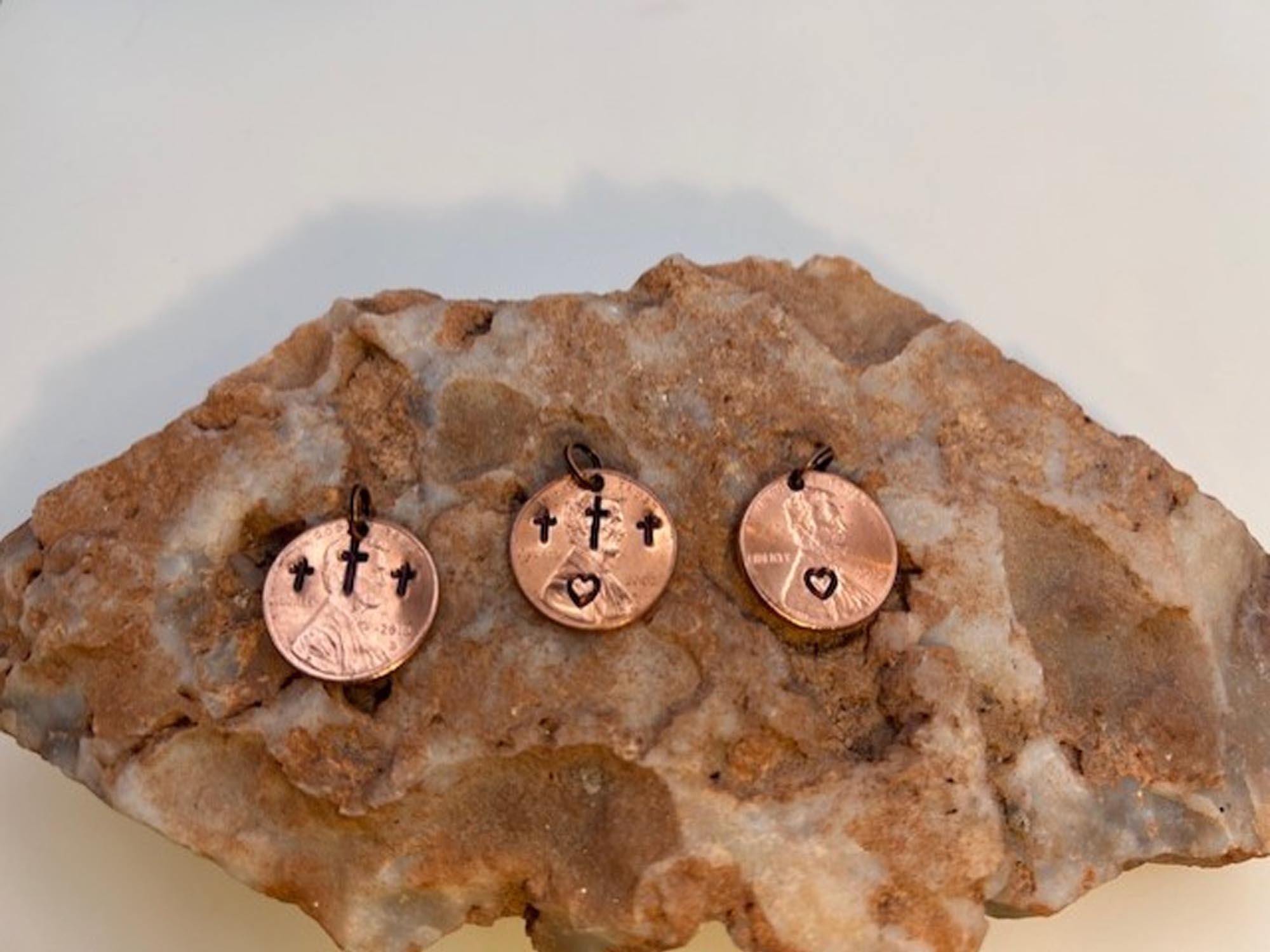Penny Cross Charms Only – Christian Easter Gift, Religious Keychain 3 Stamping Choices - Aged Patina or Bright Polished - FREE GIFT BOX