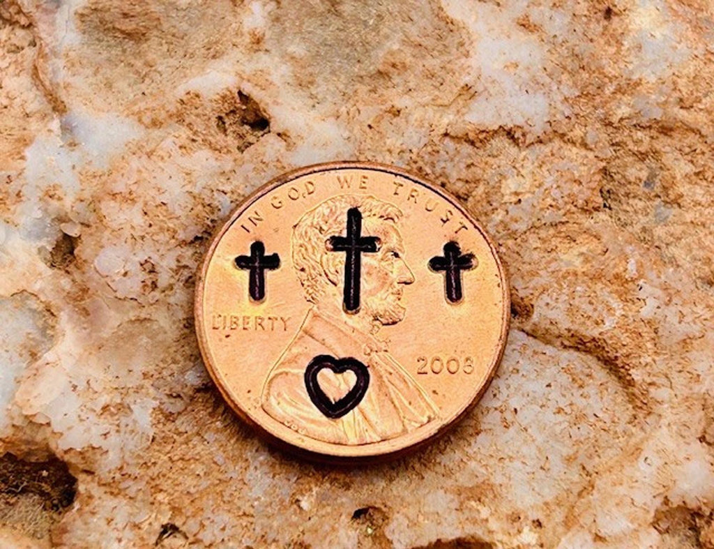 Stamped Penny Charm – Christian Crosses, Heart, Religious Gift