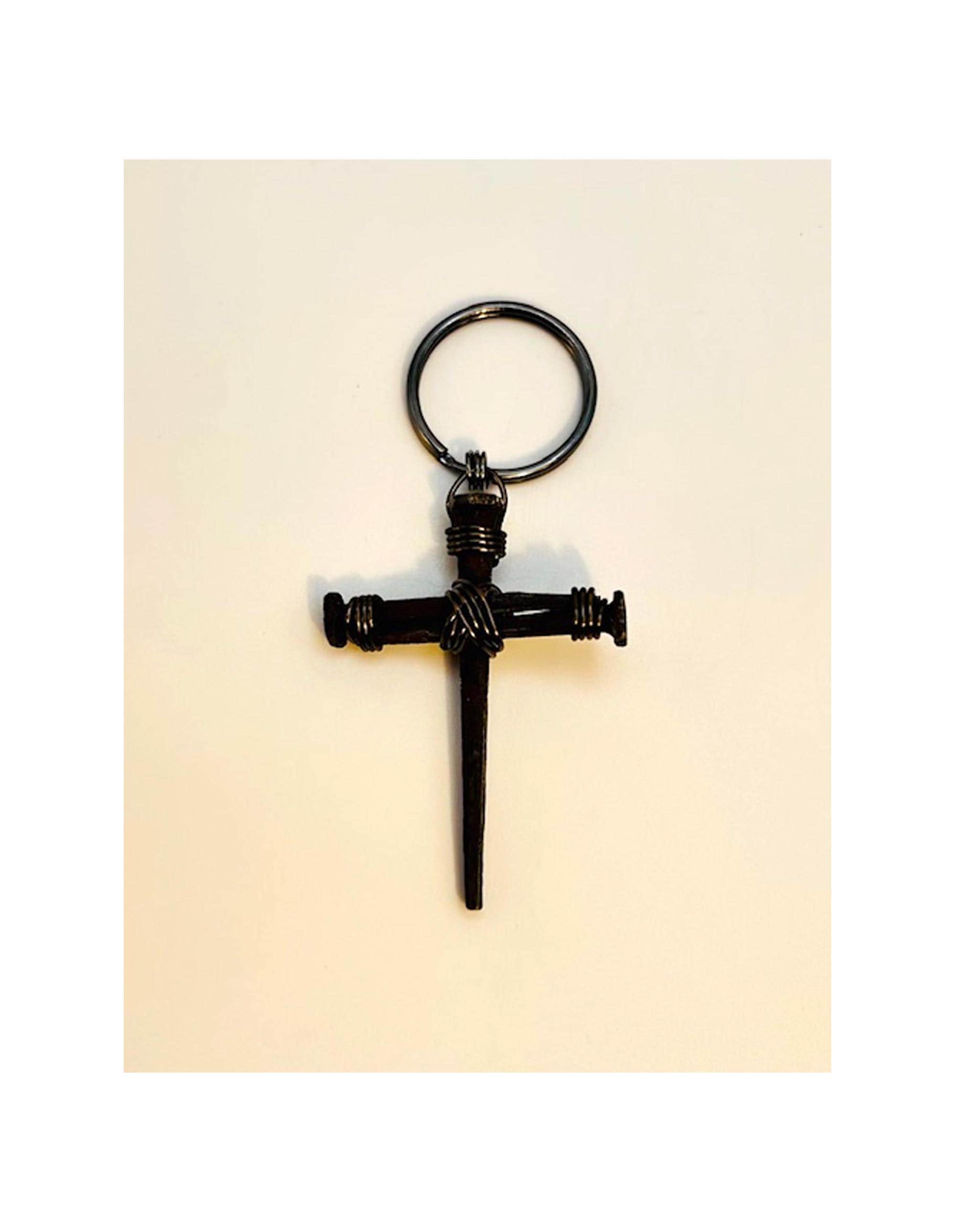 Iron Nail Cross Keyring - Hand Foraged Rustic Christian Gift, 8th Bronze Anniversary (Set of 2) - FREE GIFT BOX