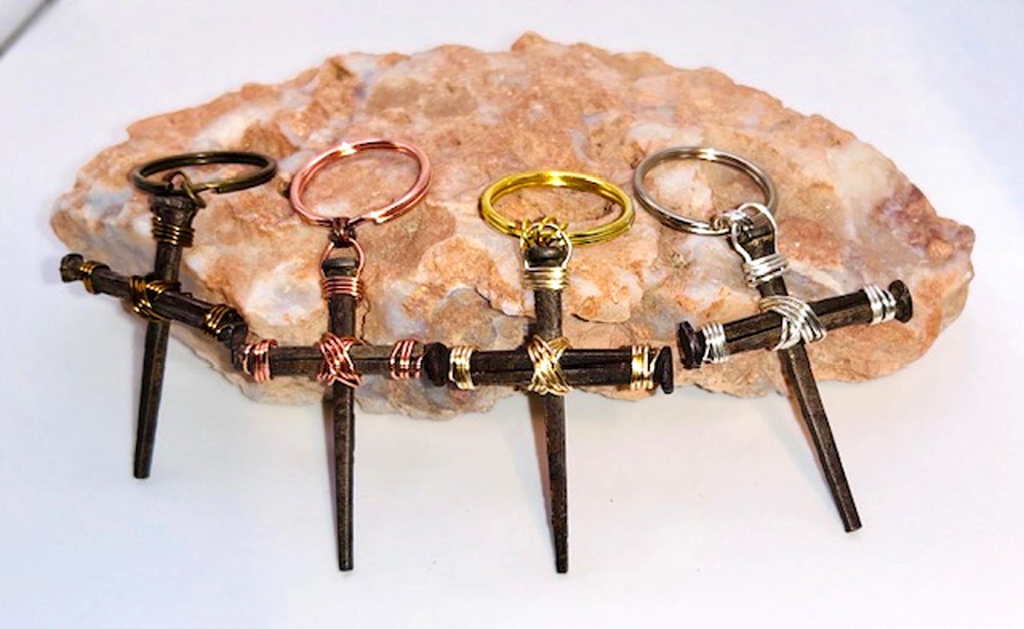 Iron Nail Cross Keyring - Hand Foraged Rustic Christian Gift, 8th Bronze Anniversary (Set of 2) - FREE GIFT BOX