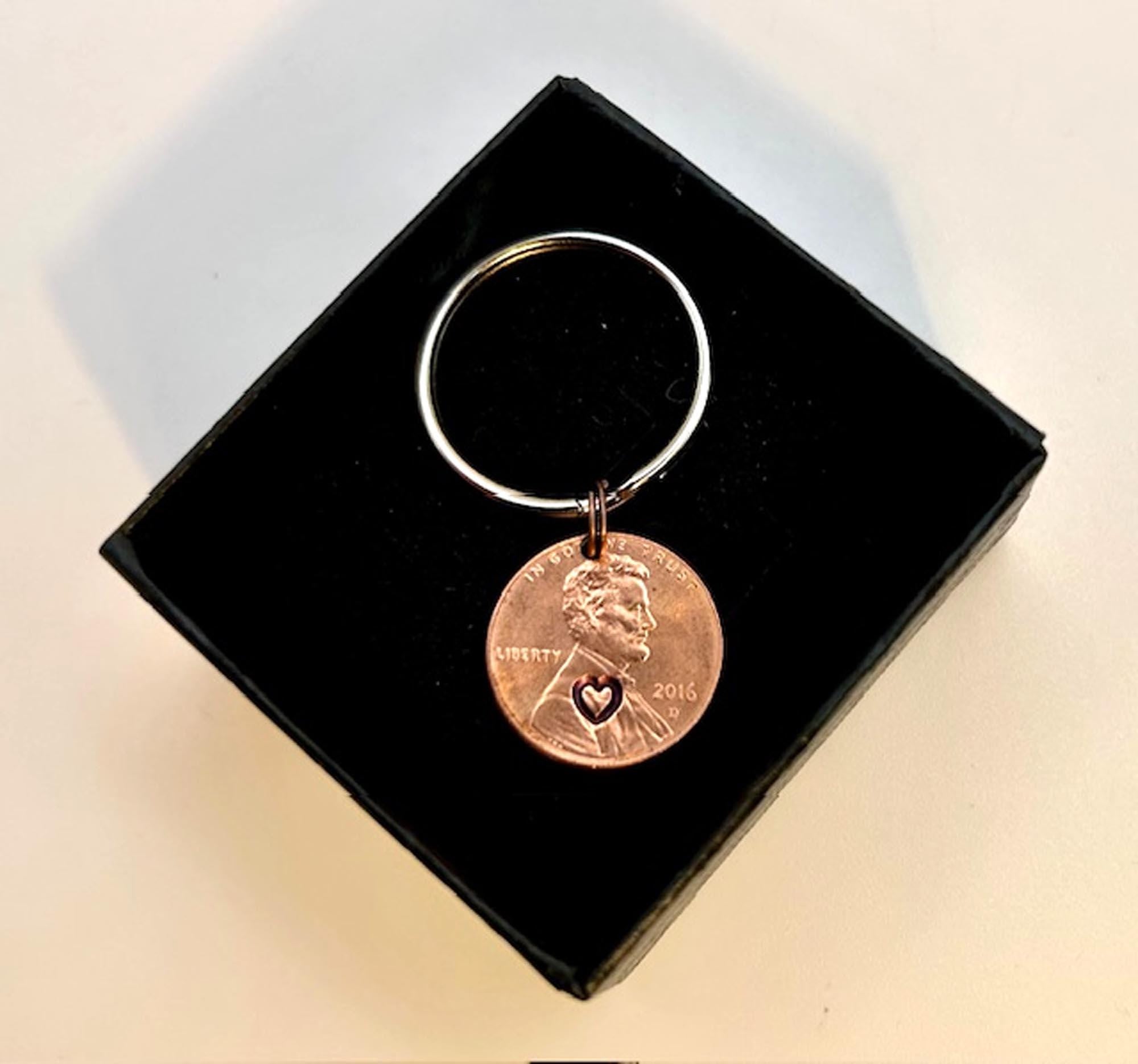 Penny Love Hearts Keychain - 7th - Copper Anniversary Gift, Stamped Penny, Set of 2, FREE GIFT BOX