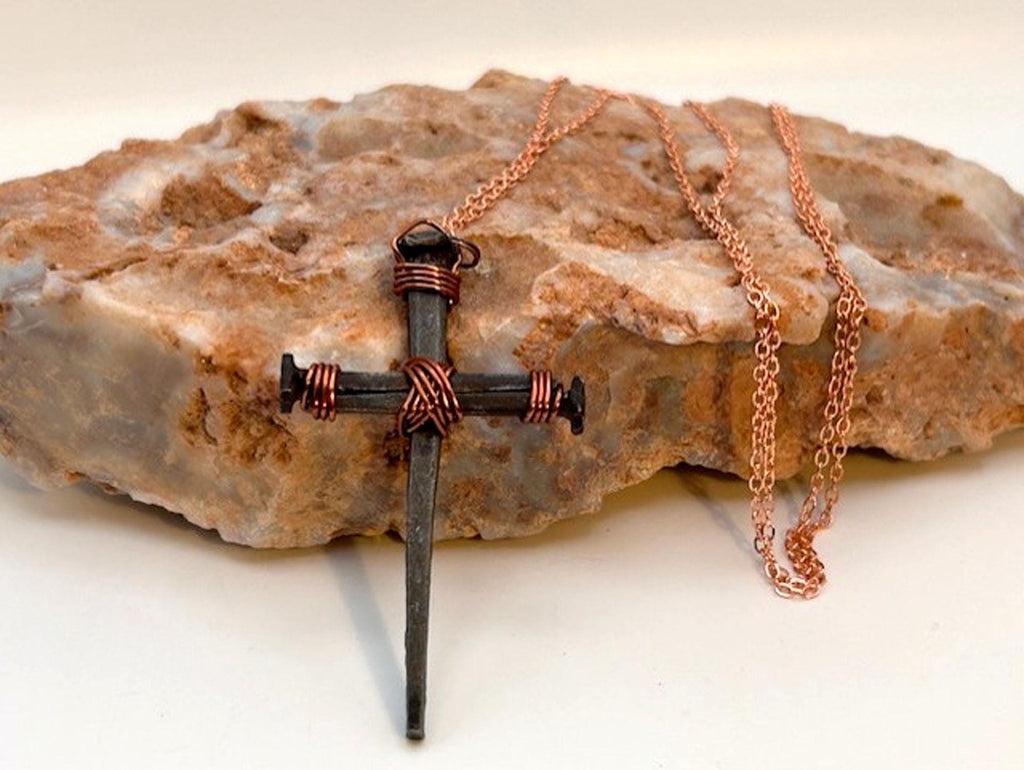 Iron Nail Cross Necklace – Crucifix - Religious Pendant - Copper 7th Anniversary - FREE GIFT BOX - Hand Forged - Fathers Mothers Day - B Day