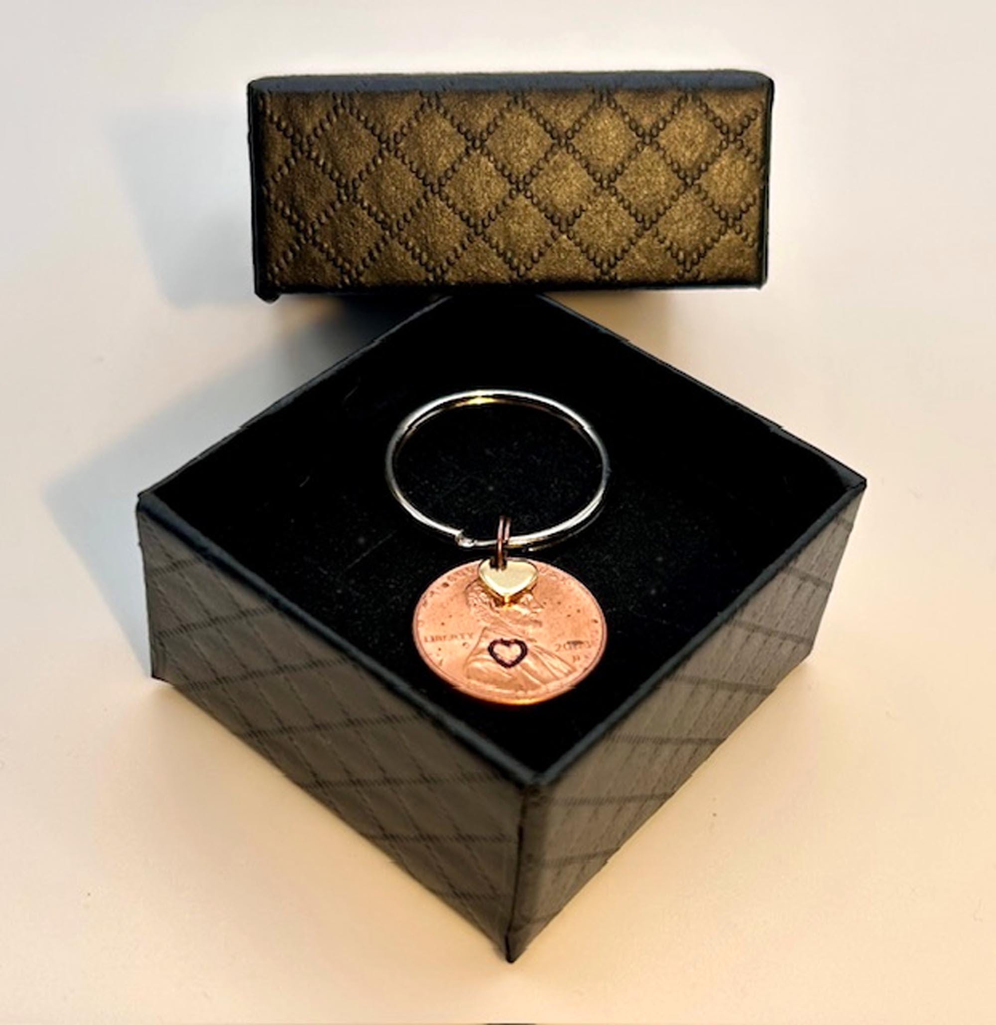 Penny Love Hearts x 2 Keychain - 7th - Copper Anniversary Gift, Stamped Penny, Set of 2, FREE GIFT BOX