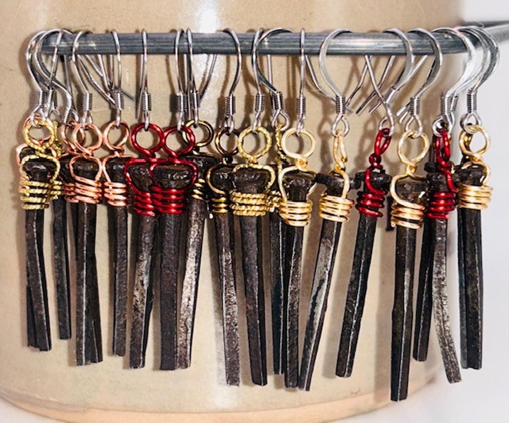 Gothic Coffin Nail Earrings – Blood Red - Iron Nail - Witchy Halloween Gift -Birthday - Hand Forged 1815 - Alternative Vampire Witchy Morbid