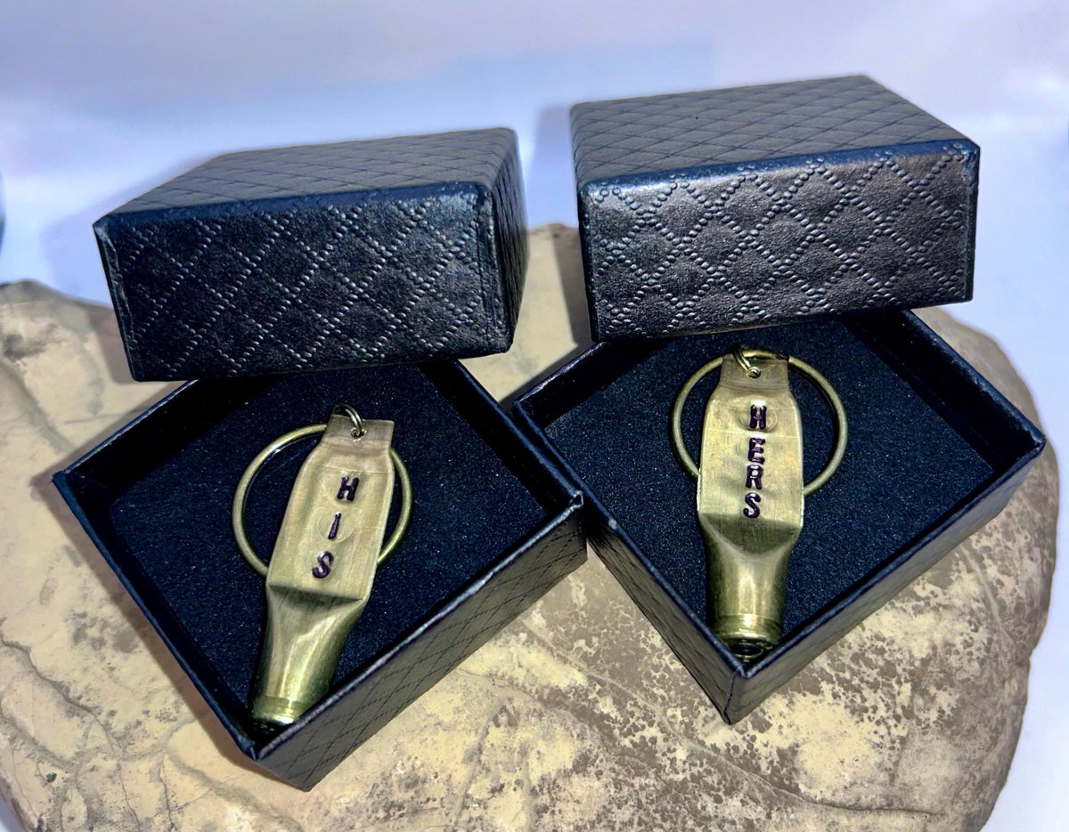Pair HIS HERS Bullet Key Rings - Keychains - Hand Stamped - Personalized Bullet Keychain - 21st Brass Anniversary Couple - FREE Gift Box