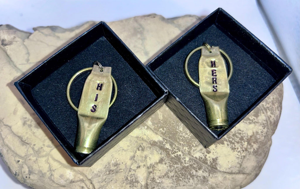 Pair HIS HERS Bullet Key Rings - Keychains - Hand Stamped - Personalized Bullet Keychain - 21st Brass Anniversary Couple - FREE Gift Box