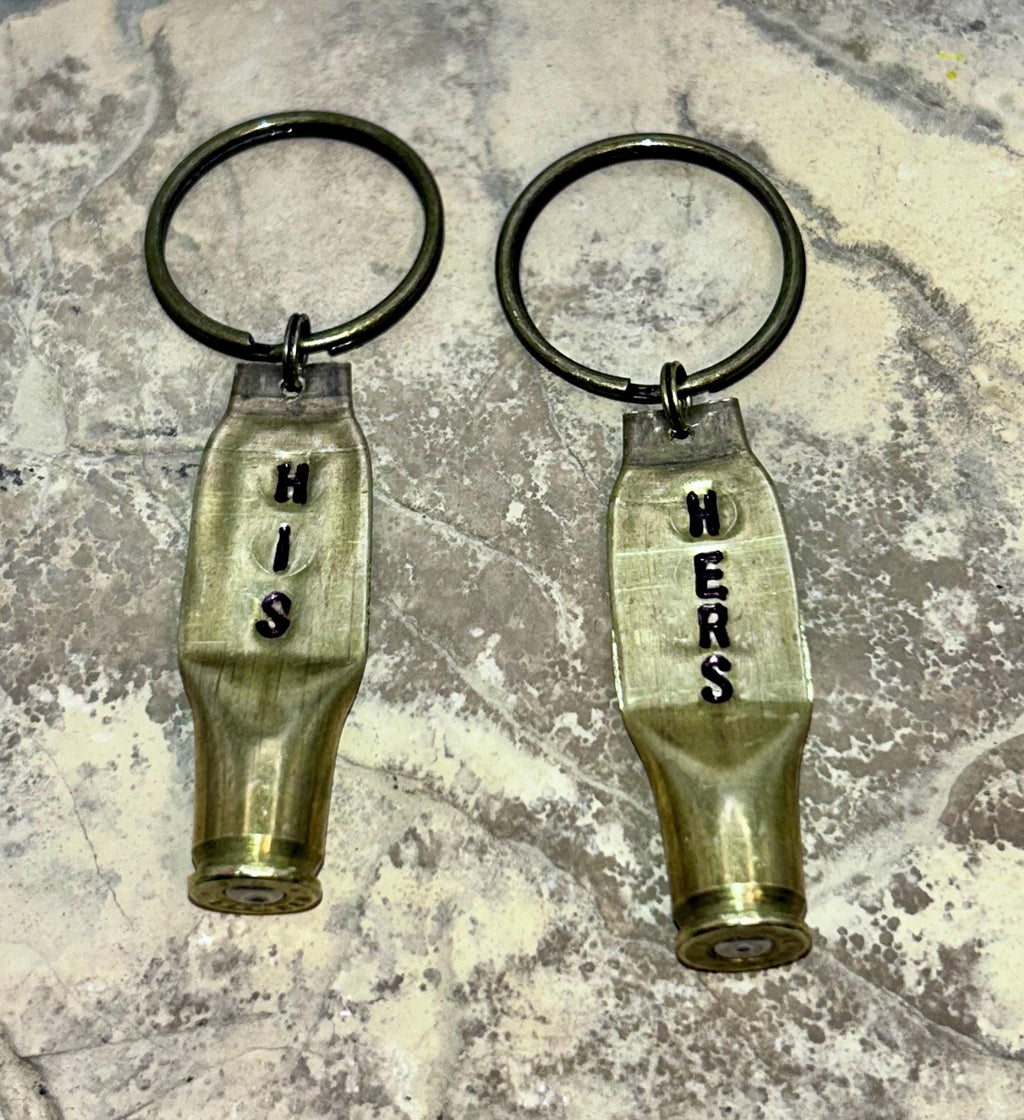 Pair HIS HERS Bullet Key Rings - Keychains - Hand Stamped - Personalized Bullet Keychain - 21st Brass Anniversary Couple - FREE Gift Box