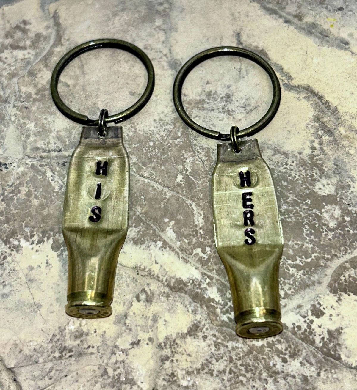 Pair HIS HERS Bullet Key Rings - Keychains - Hand Stamped - Personalized Bullet Keychain - 21st Brass Anniversary Couple - FREE Gift Box