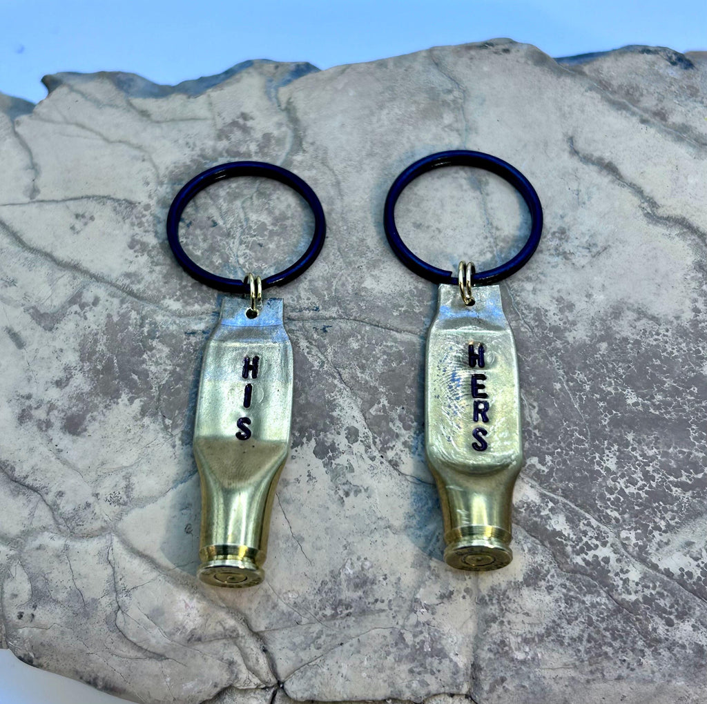Pair HIS HERS Bullet Key Rings - Keychains - Hand Stamped - Personalized Bullet Keychain - 21st Brass Anniversary Couple - FREE Gift Box